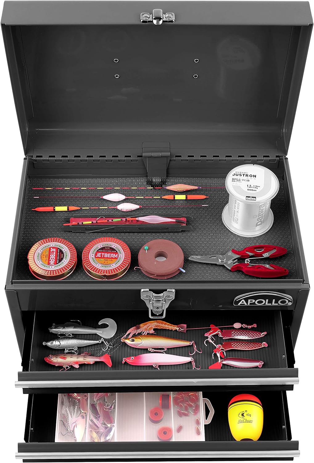 Apollo Precision Tools APOLLO TOOLS Black Metal Tool Box with Deep Top Compartment and 2 Drawers in Heavy-Duty Steel Chest With Ball Bearing Opening A