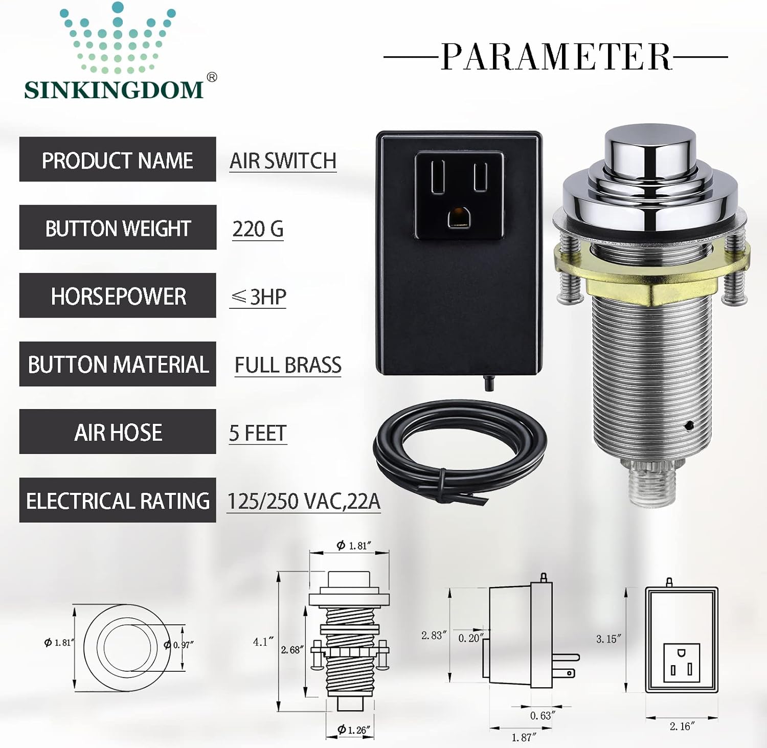 SINKINGDOM SinkTop Air Switch Kit (Long Full Brass Button) for Garbage Disposal, Cordless (Chrome)