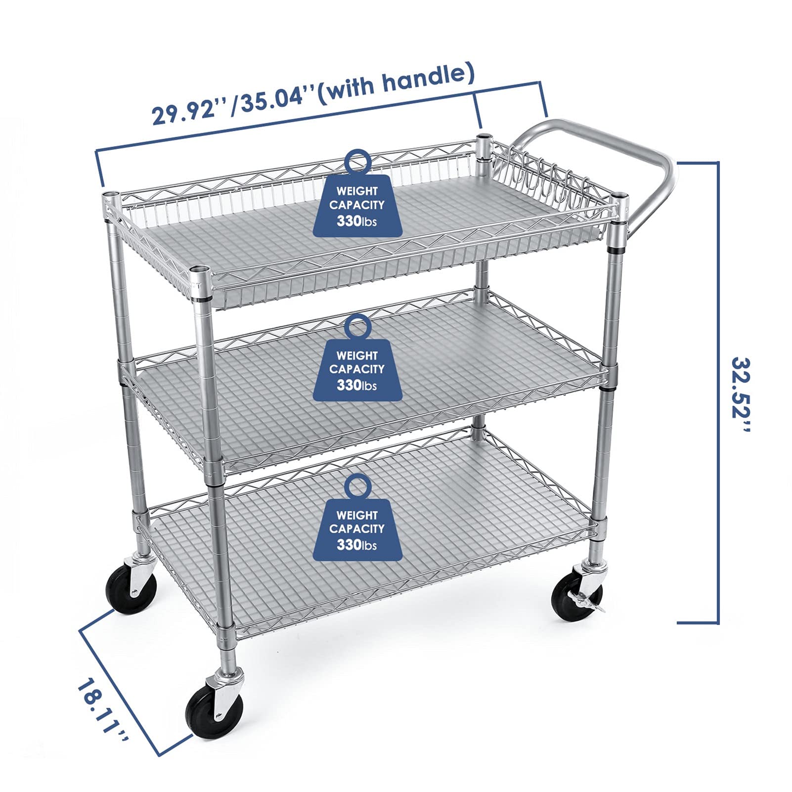 WDT Heavy Duty 3 Tier Utility cart,990Lbs capacityAWire Rolling cart With Wheels, commercial gradeAServiceAcartAwithAShelving Li