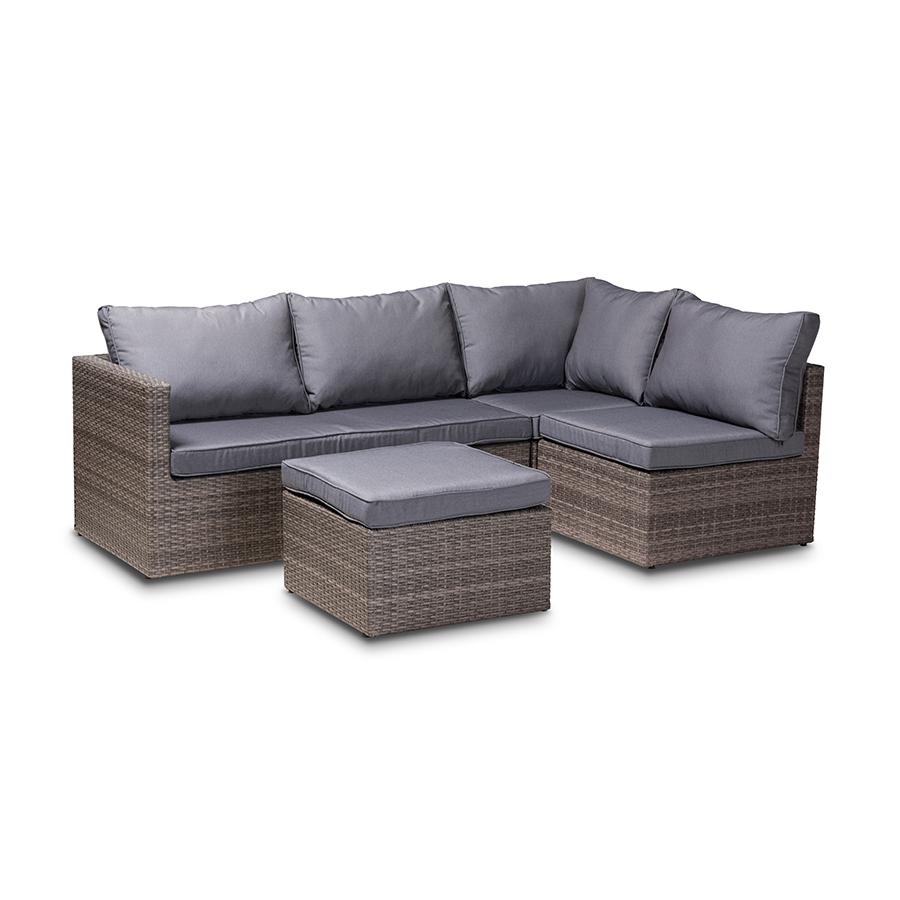 Baxton Studio Pamela Modern and Contemporary Grey Polyester Upholstered and Brown Finished 4-Piece Woven Rattan Outdoor Patio Set