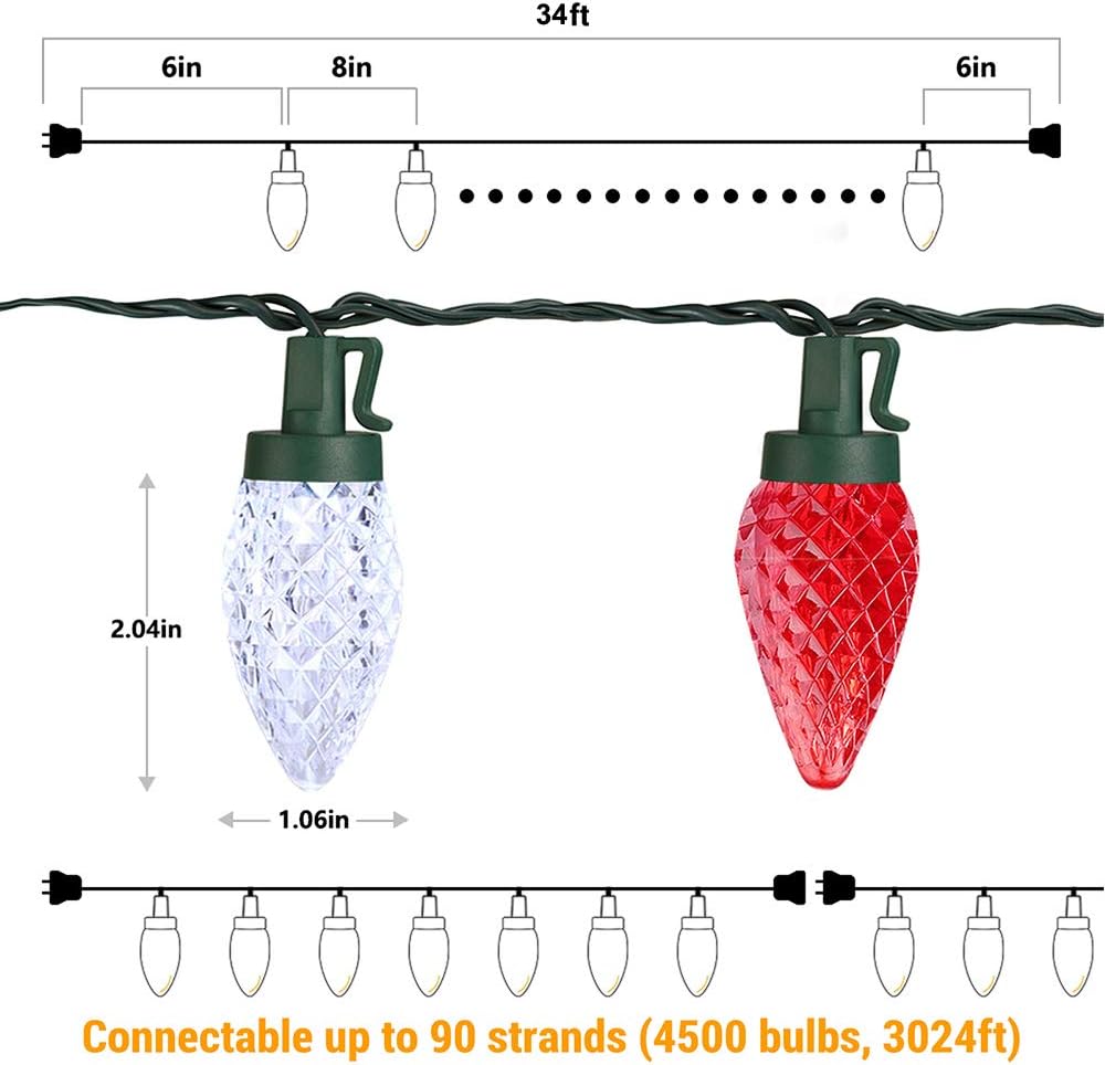 Brizled C9 Christmas Lights, 33ft 50 LED Faceted C9 Christmas Lights, Connectable Indoor Outdoor Xmas String Lights, 120V UL Certified