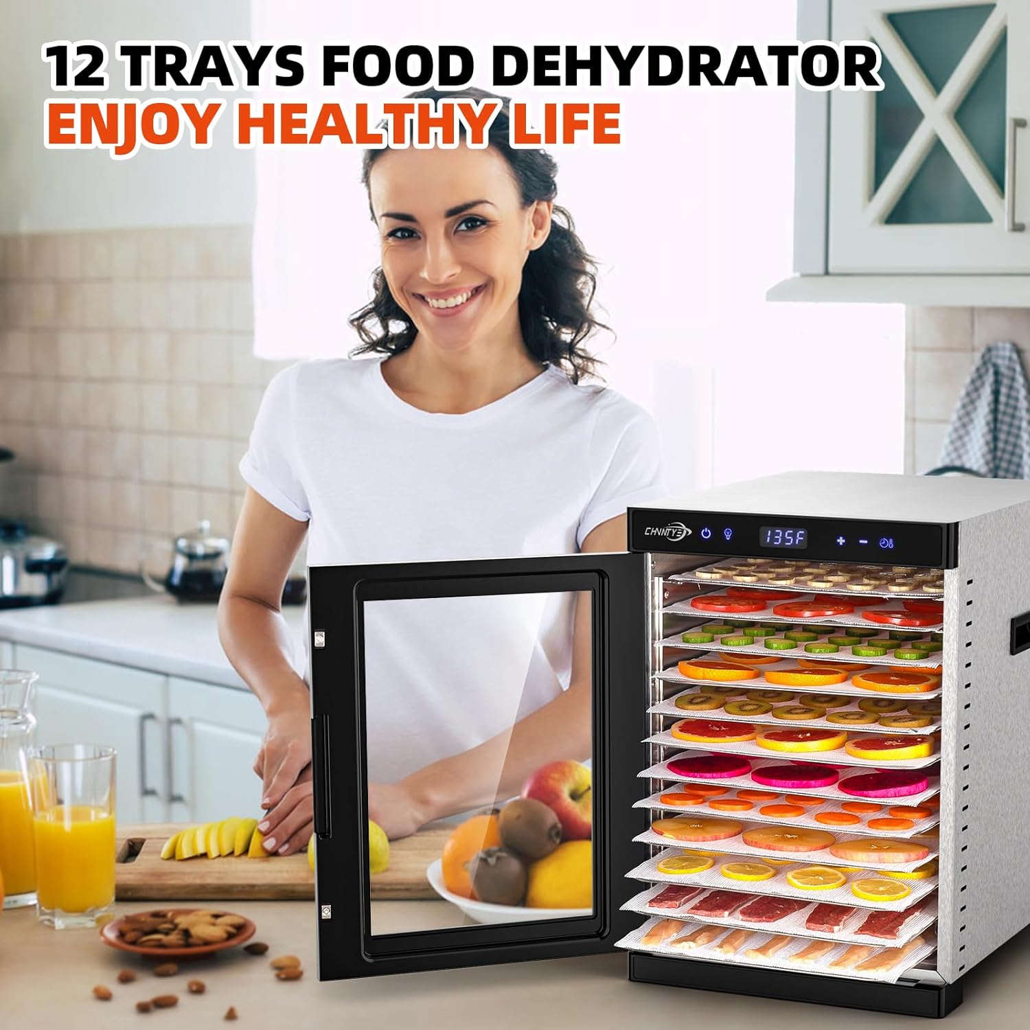 Great Choice Products Food Dehydrator With 12 Stainless Steel Trays, Double Fans, Precise Temperature Control, And Fast Drying Speed With Adju…