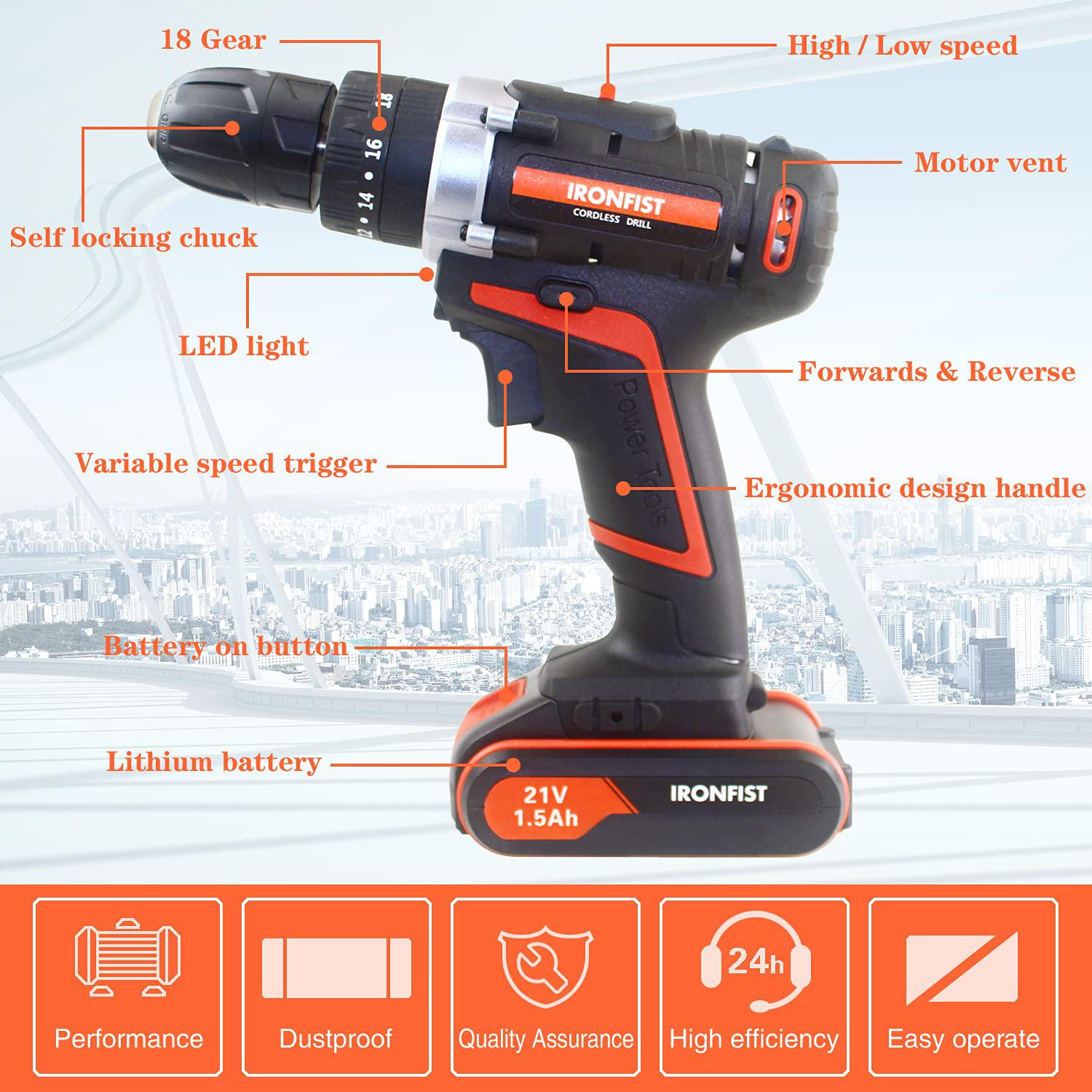 ironfist cordless drill, screwdriver impact power tools 21v lithium battery 45nm torque setting with led light 2 speed driver
