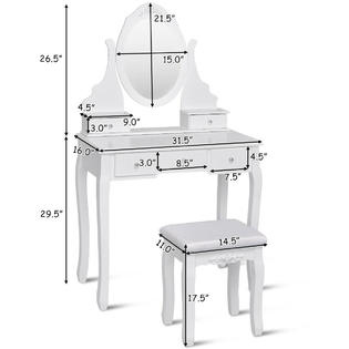 Gymax White Vanity Jewelry Wooden Makeup Dressing Table Set W/Stool Mirror &a; 5 Drawers New