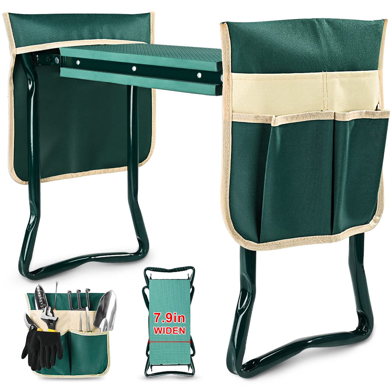 KVR Upgraded Garden Kneeler and Seat with Thicken &a; Widen Soft Kneeling Pad,Heavy Duty Foldable Gardener Stool with 2 Tool Pouch
