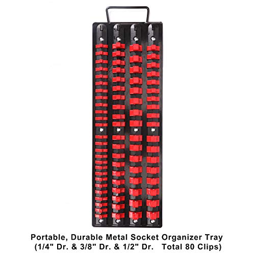 CASOMAN 80-Piece Portable Socket Organizer Tray, 1/4-Inch, 3/8-Inch, 1/2-Inch,Heavy Duty Socket Rail, Black Rails with Red Clips