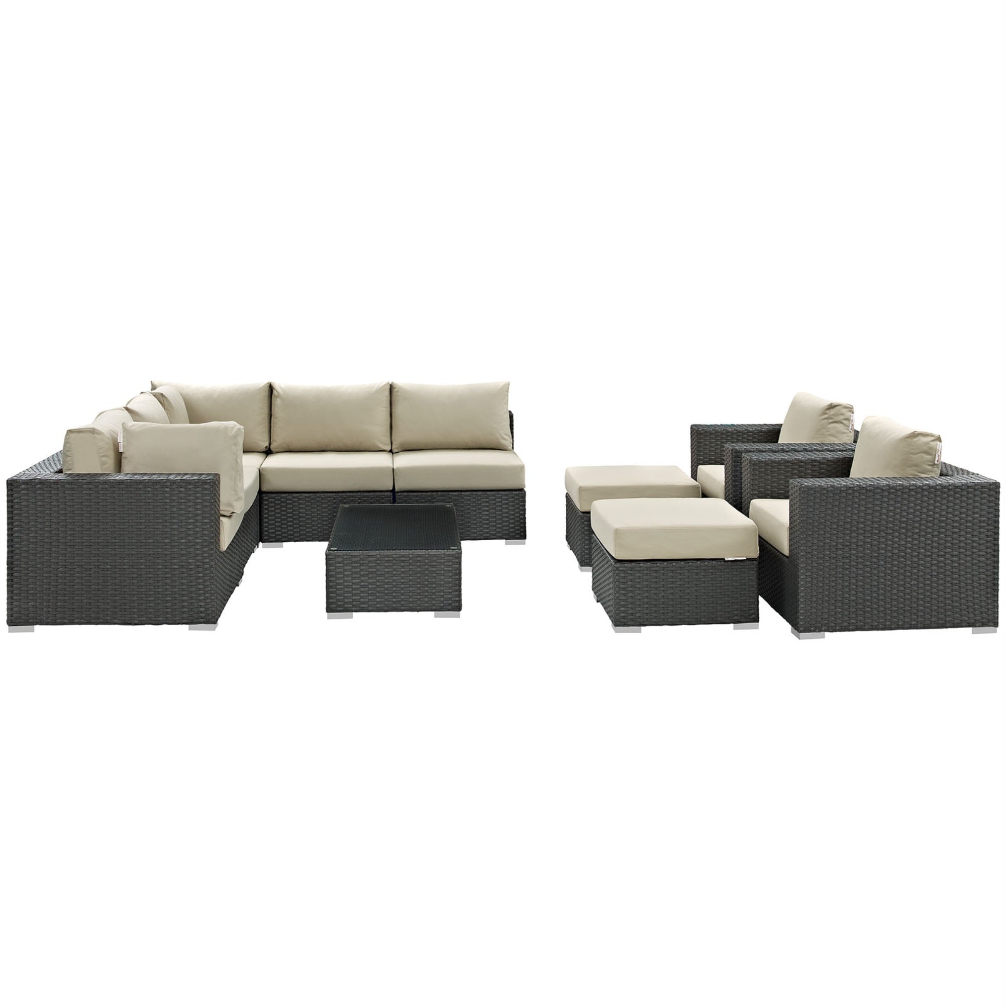 Ergode Sojourn 10 Piece Outdoor Patio Sunbrella Sectional Set - Canvas Antique Beige