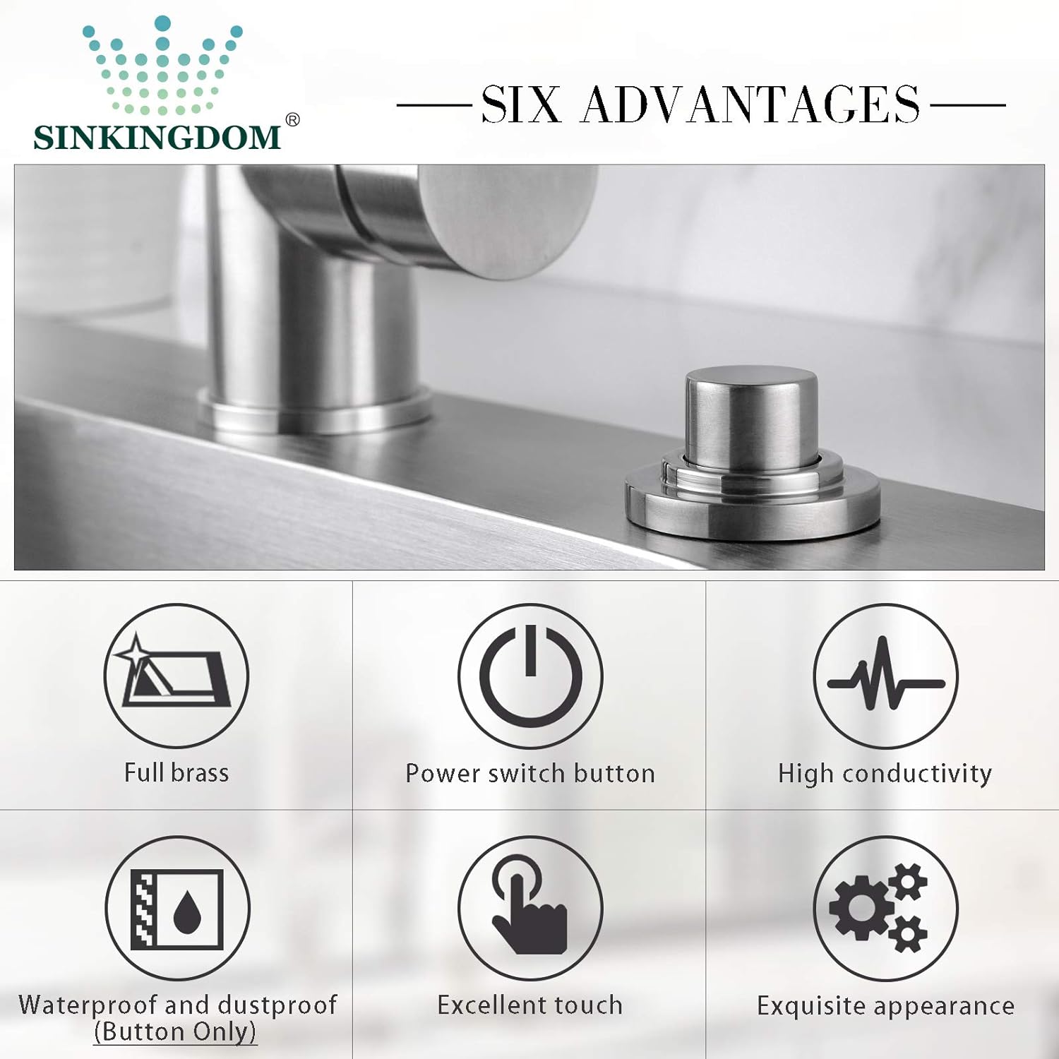 SINKINGDOM SinkTop Air Switch Kit with Brushed Nickel Long Button (Full Brass) for Garbage Disposal, Single Outlet