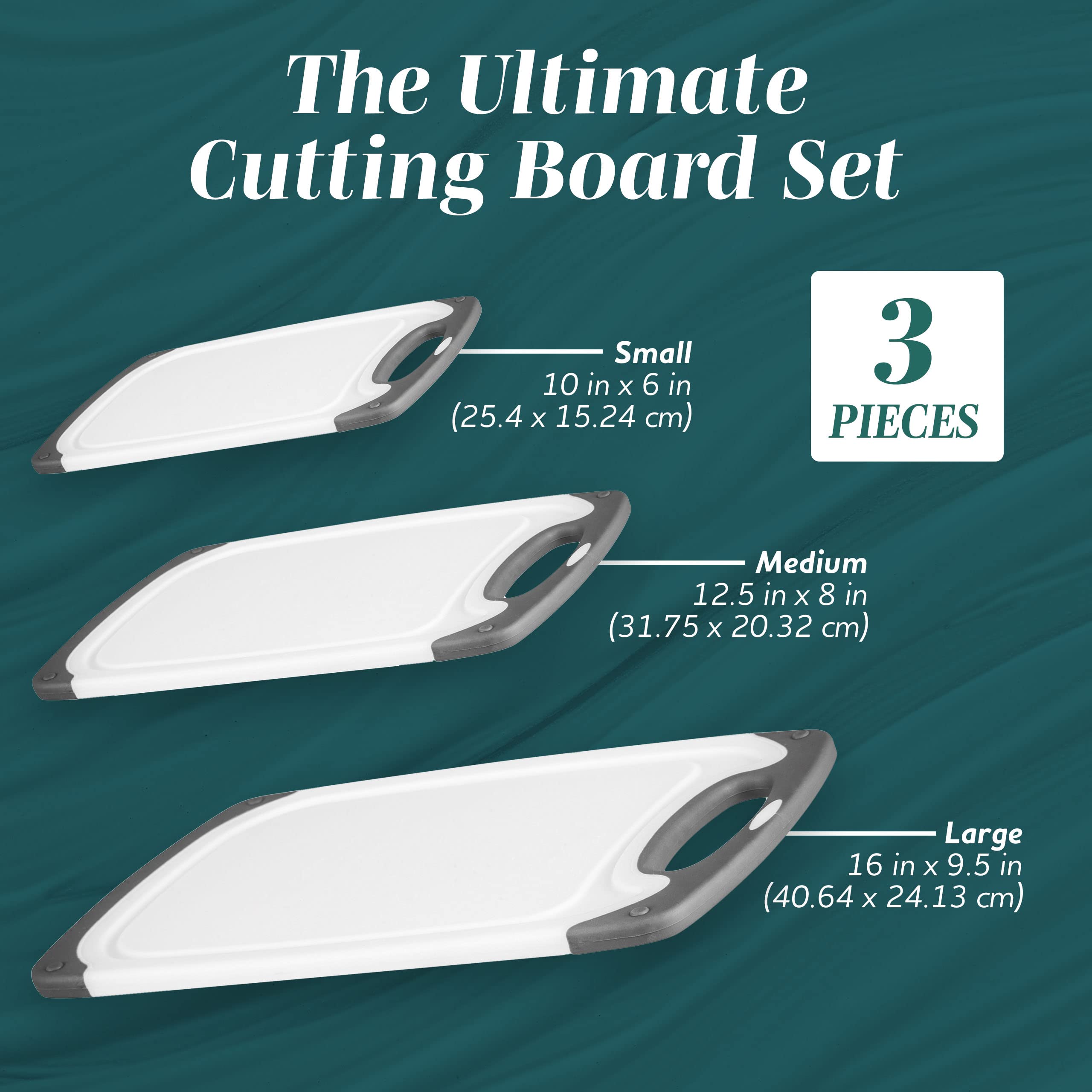 HOMWE Cutting Boards for Kitchen - Chopping Board 3-Pack w/Different Sizes and Non Slip Handles - Reversible, Large Cutting Boar