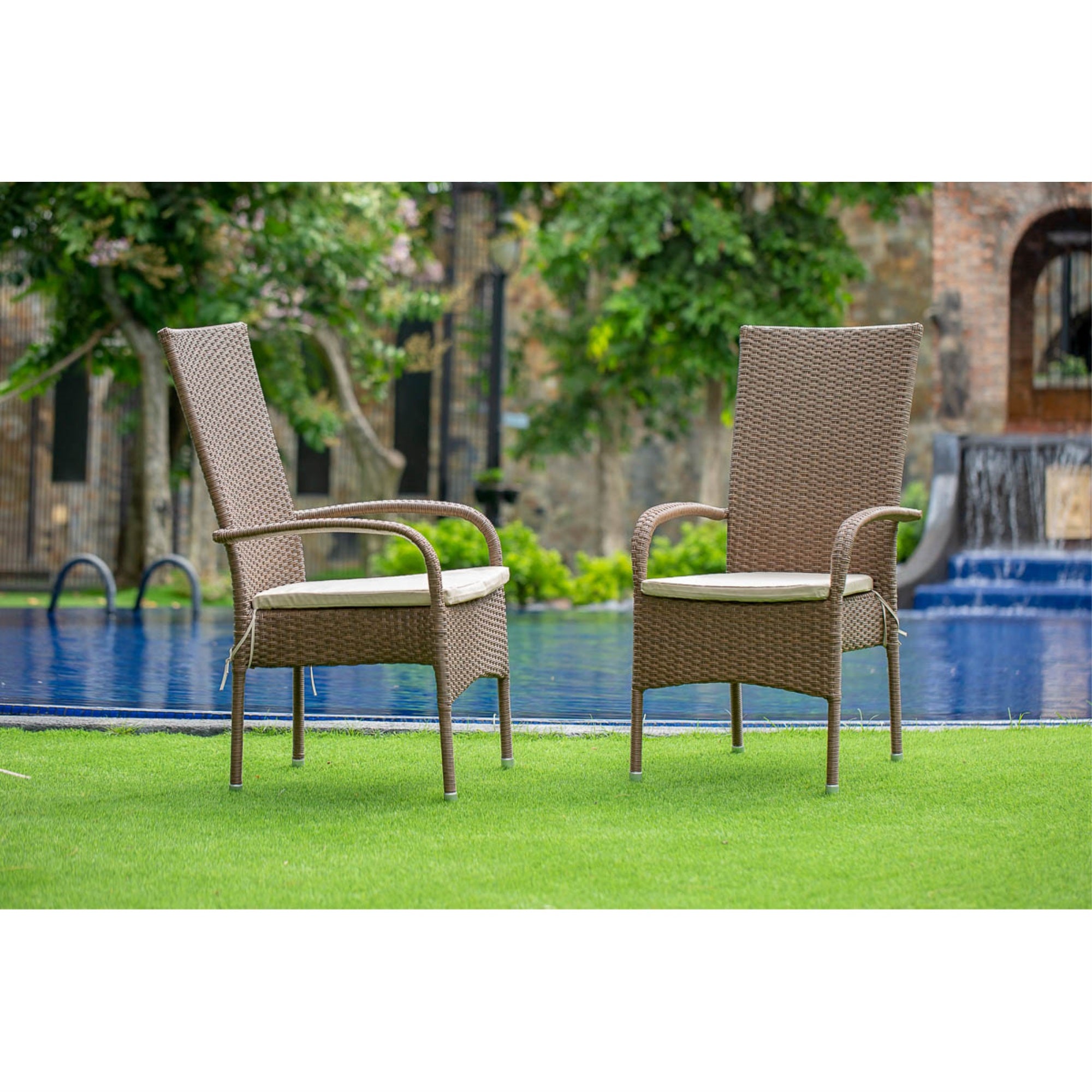 East West Furniture Set of 2 Chairs OSLC102A OSLO PATIO CHAIR WITH CUSHION, BROWN WICKER, AND BEIGE CUSHION