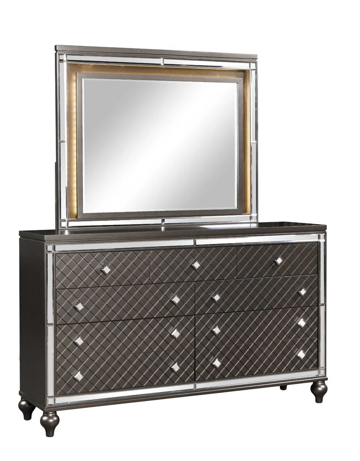 Esofastore 4pc Modern Full Size LED Lights HB Bed Dresser Mirror Nightstand Set Charcoal Finish Furniture
