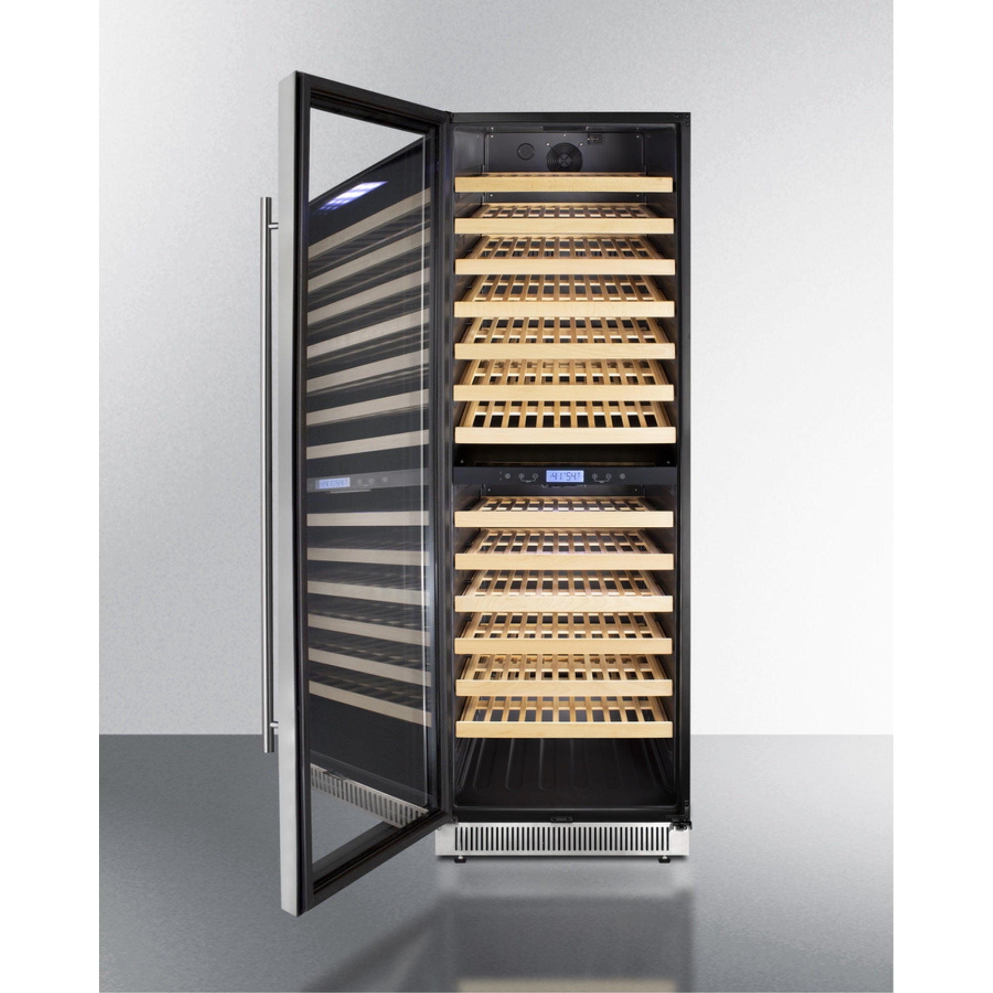 Summit Upright dual zone wine cellar with glass door, digital thermostat, and black cabinet