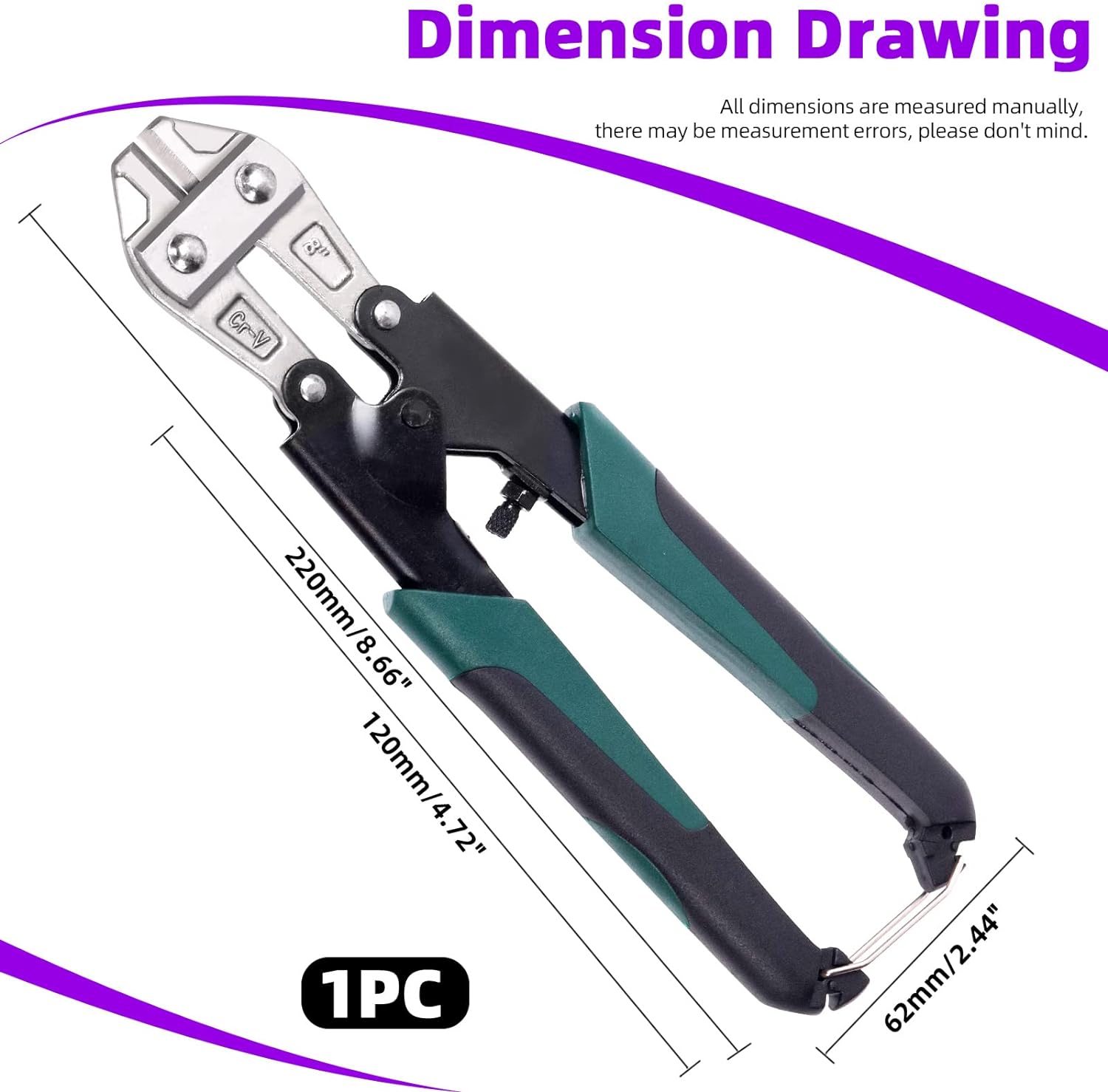 Swpeet 1Pcs 8 Inch Heavy Duty Bolt Cutter Pliers, Wire Breaking Plier with Rubber Black-Green Ergonomic NonSlip Handles, Lock Cutter f