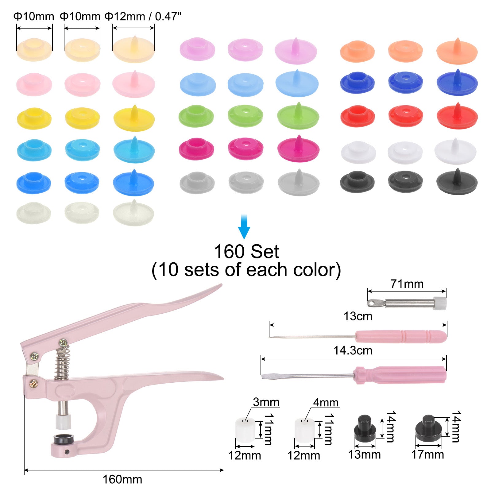 Unique Bargains 160 Sets Snap Fasteners Kit with 7 Setter Tools &a; Box for Clothing 16 Colors