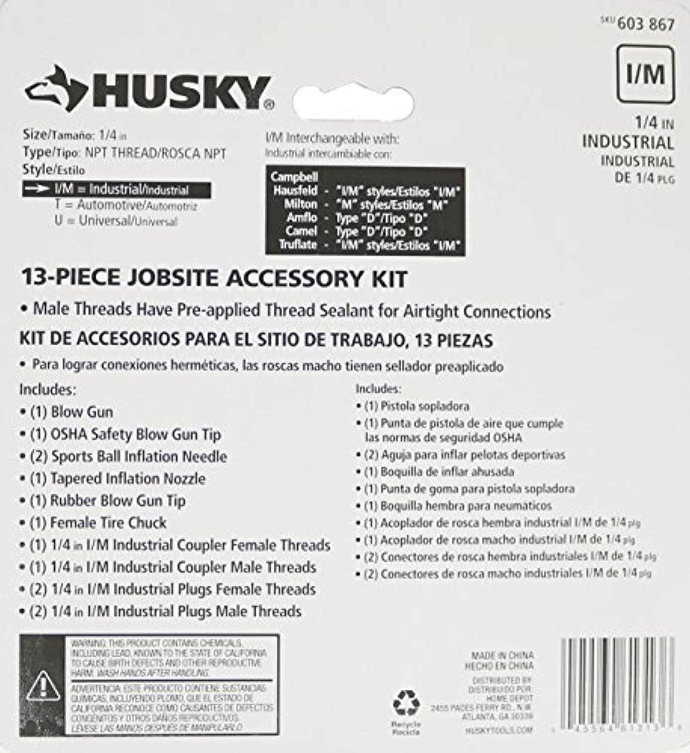 husky hda51300av 1/4 inch 13 piece brass air compressor / inflating / deflating accessory kit (air compressor not included)