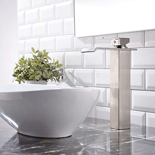Vesla Home One Hole Single Handle Waterfall Brushed Nickel Bathroom Faucet, Bathroom Sink Vessel Faucet Lavatory Mixer Tap