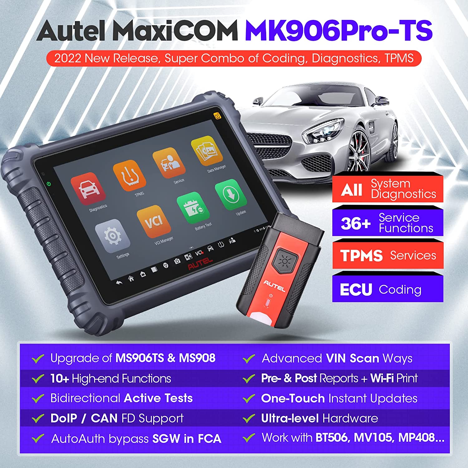 Autel Scanner MaxiCOM MK906PRO-TS Car Diagnostic Bidirectional Tool Top TPMS Programming and Diagnosis ECU Coding, 36+ Service