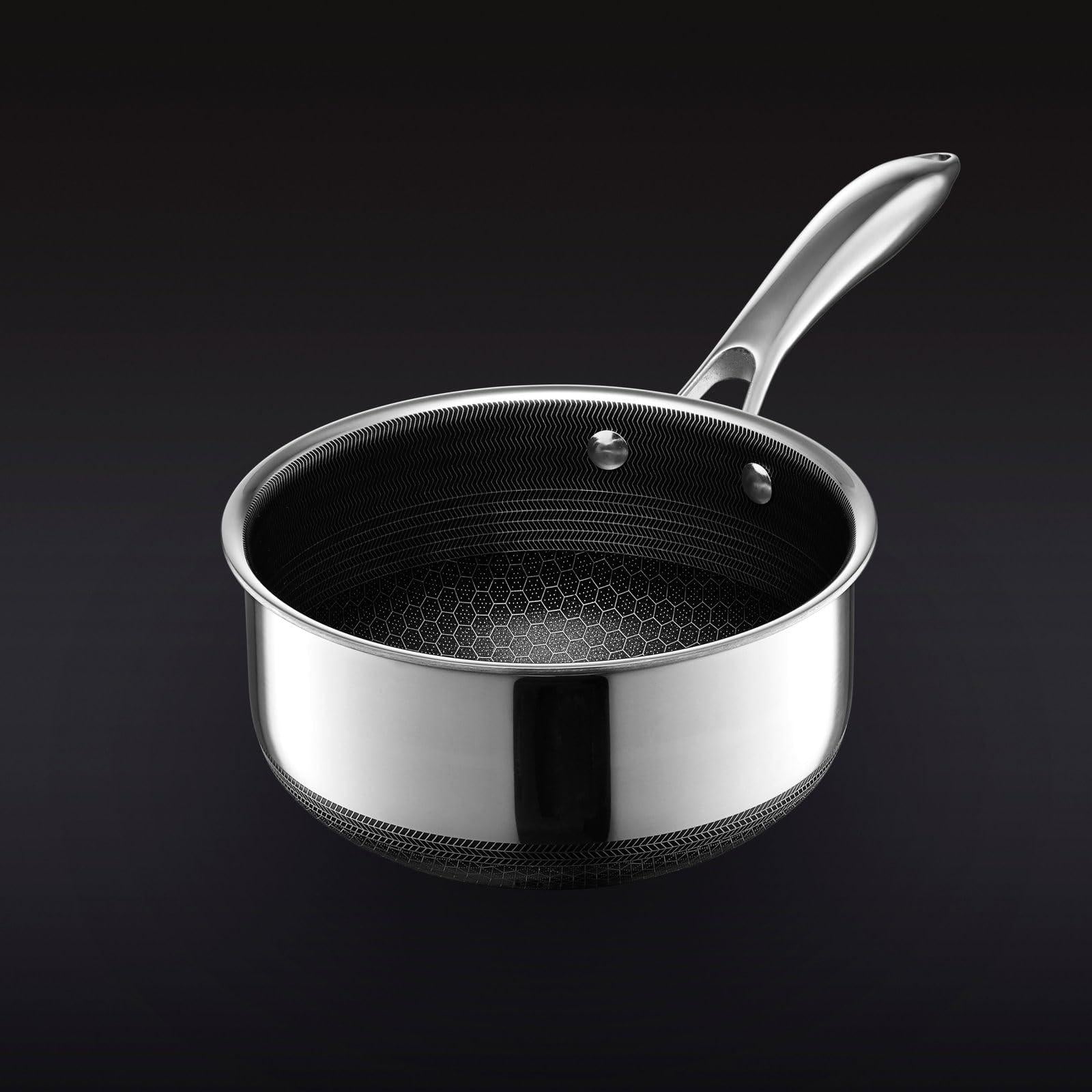 hexclad 2 quart hybrid stainless steel pot saucepan with glass lid easy to clean, dishwasher &a; oven safe non-stick, ideal for