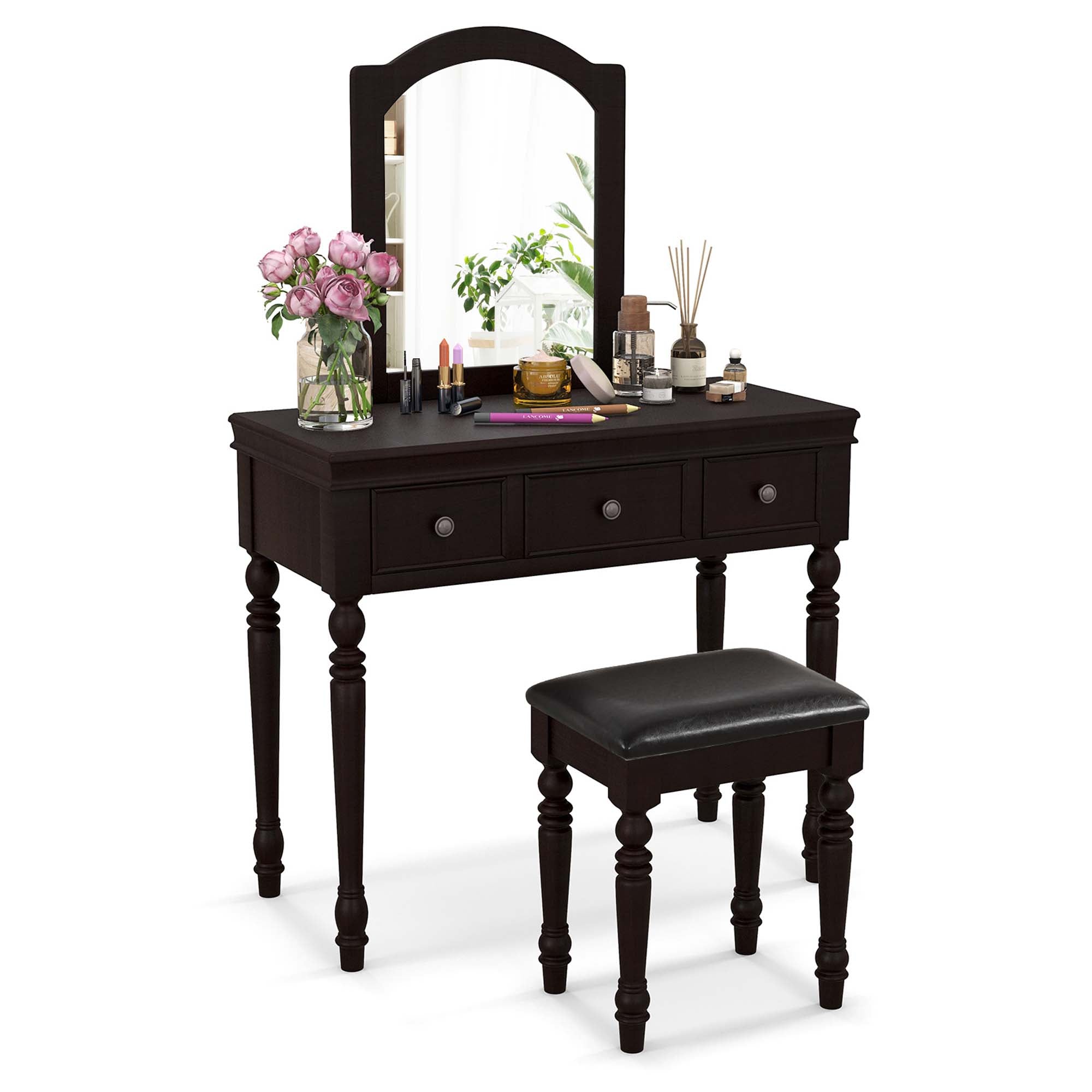 Costway Vanity Table Set Makeup Desk Cushioned Stool 3 Drawer Large Mirror White/Walnut