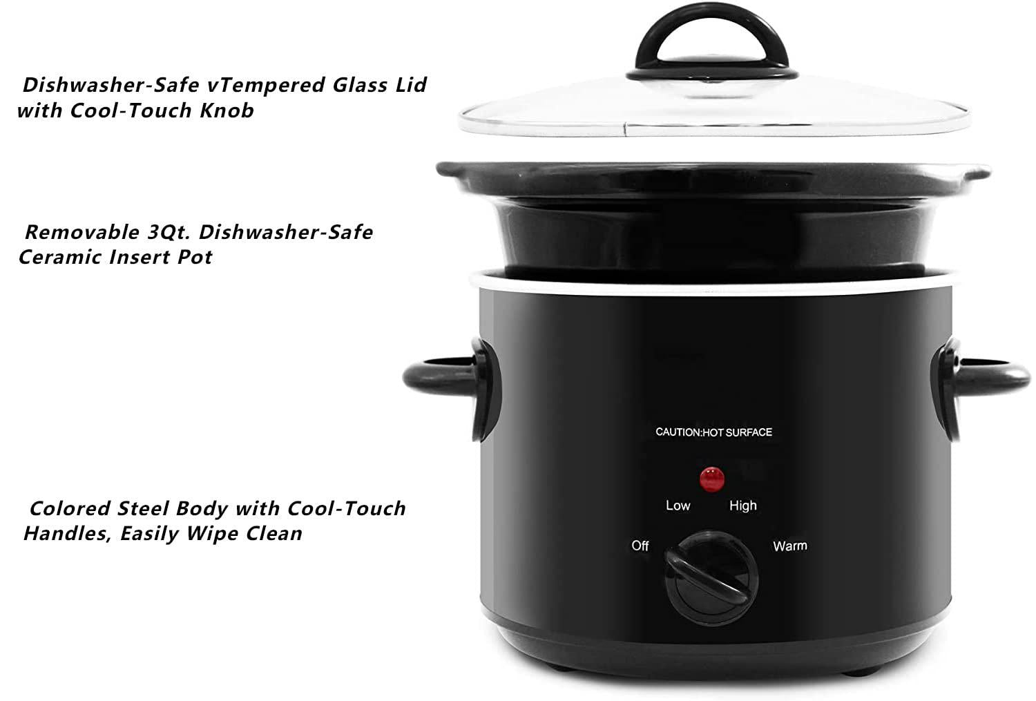 NOZAYA 3 quart electric slow cooker - adjustable temp, entrees, sauces, stews &a; dips, dishwasher safe glass lid &a; crock (black)