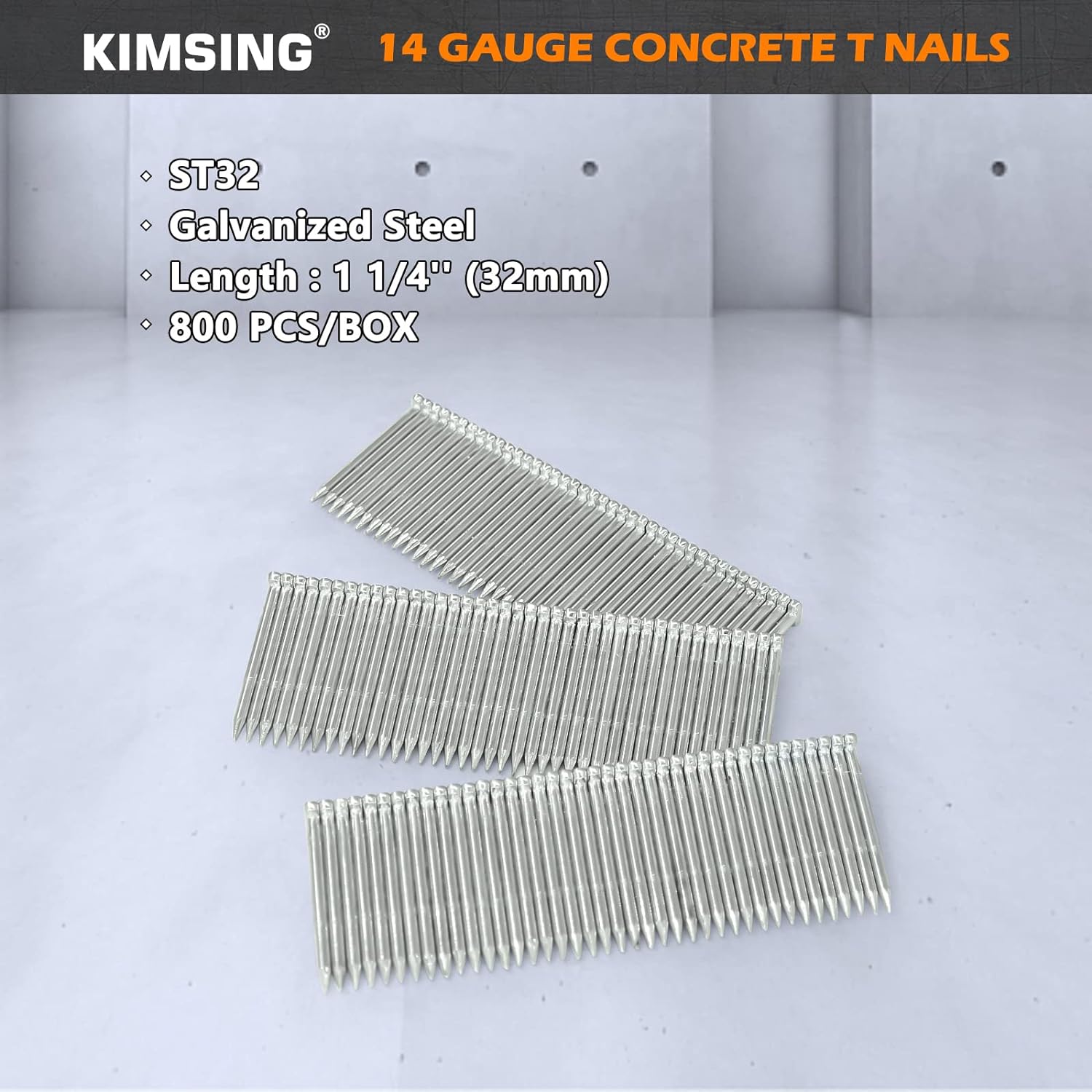 Foshan China-top Silver Buildi KIMSING ST32 14 Gauge Concrete T Nails, 1 1/4&s;&s; (32MM) Length Collated Concrete T Nails, Galvanzied, 800 PCS/BOX, Fasteners for
