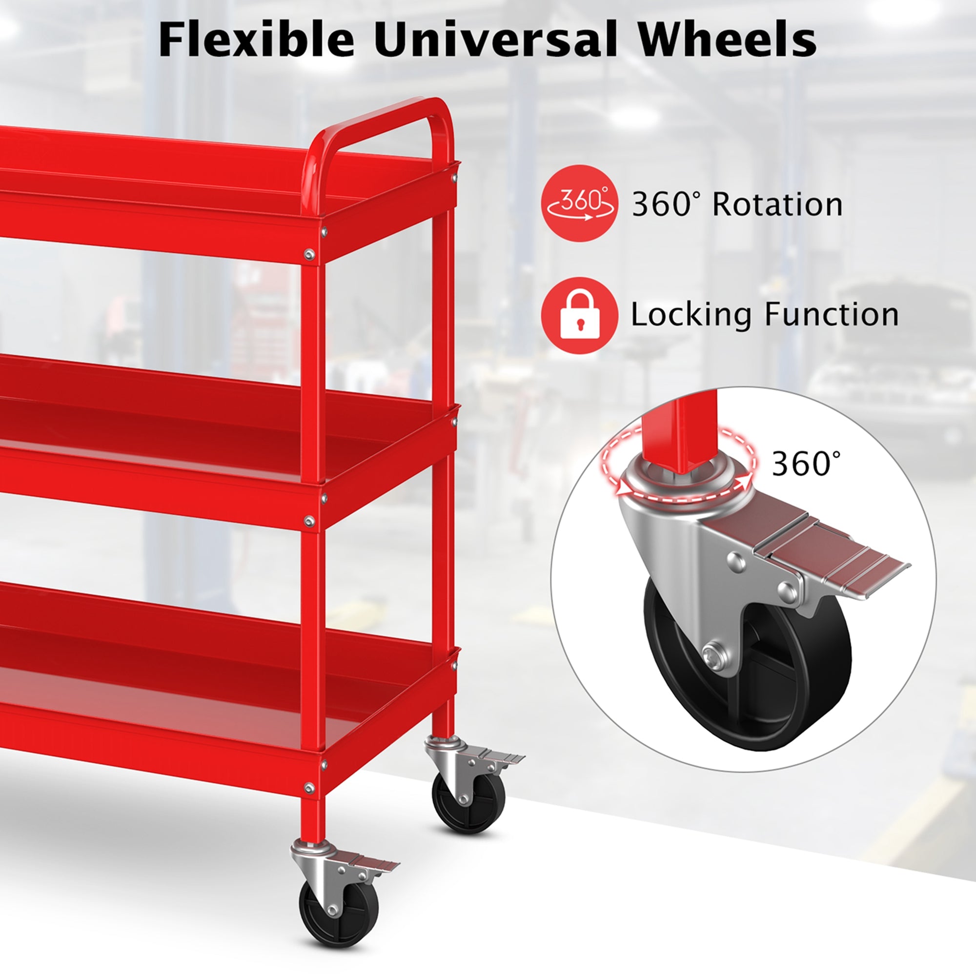 Costway 3-Tier Metal Utility Cart 400 lbs Storage Service Trolley Tool Storage Red