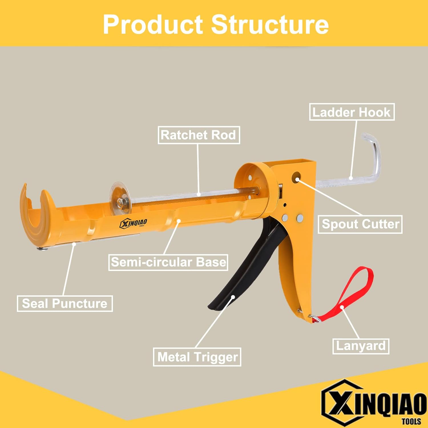 Xinqiao Caulk Gun Premium Caulking Gun, Universal 10 OZ Silicone Caulk Gun with Drip-Free Ratchet Rod, 1/10 Gallon Cartridge, 10:1 Thru