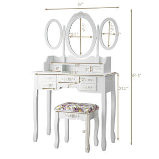Gymax Vanity Makeup Set W/7 Drawer Tri-Folding Mirror Dressing Table &a; Stool Set White