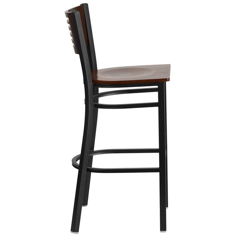 Flash Furniture HERCULES Series Black Slat Back Metal Restaurant Barstool - Walnut Wood Back &a; Seat