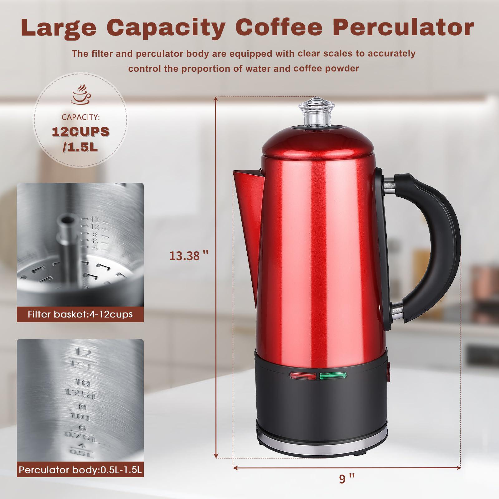 werkweit electric coffee percolator 12 cup stainless steel percolator coffee maker with cord-less server and easy pour spout