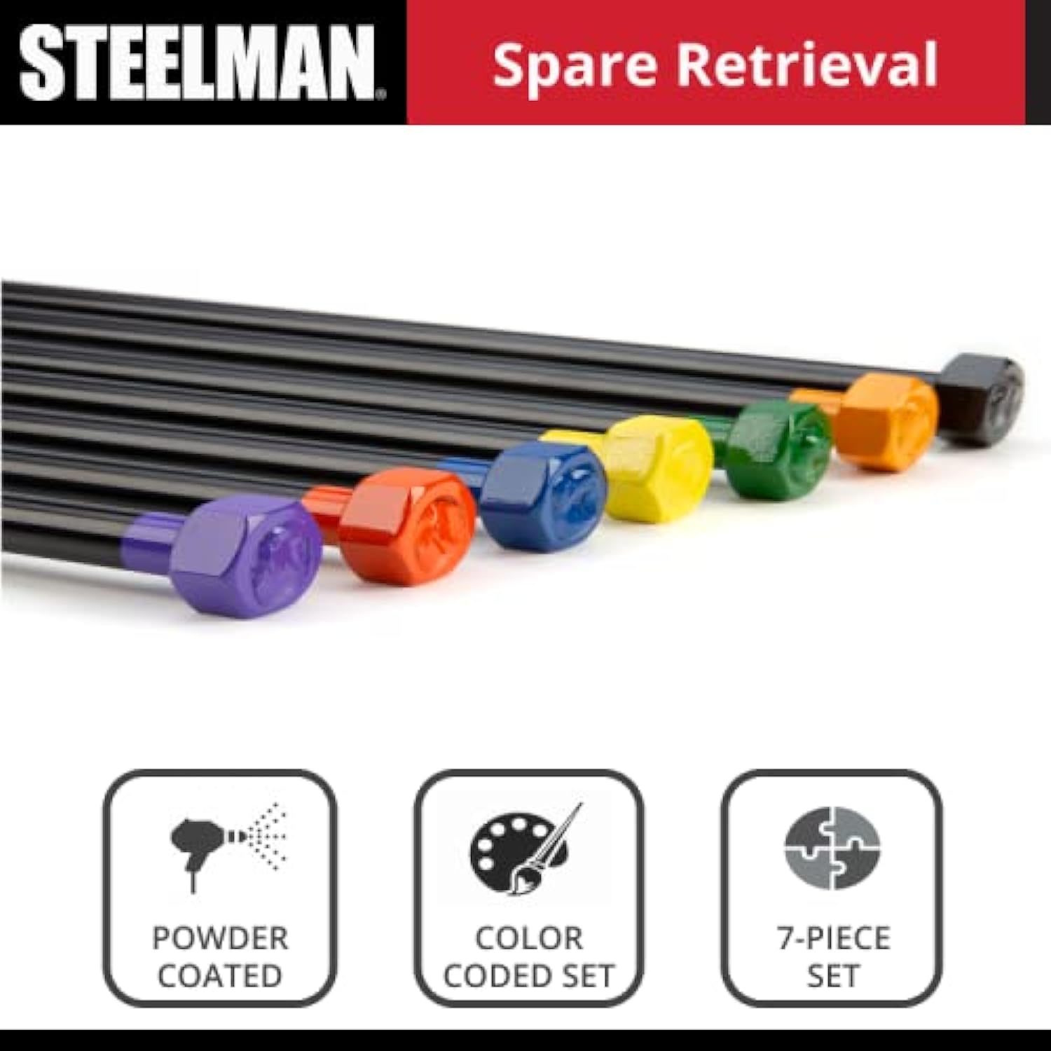 GCP Products 7-Piece Spare Tire Retrieval Tool Kit For Mechanics, Lower/Raise Cradle-Suspended Tires, Flat, Pin, Hex, 12 Mm Square, Slotte…