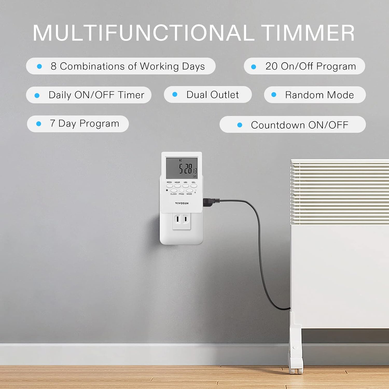 VIVOSUN 7 Day Programmable Digital Timer with Dual Outlet, 20 On/Off UL Listed Heavy Duty Plug-in Outlet Timer with Countdown Setting,