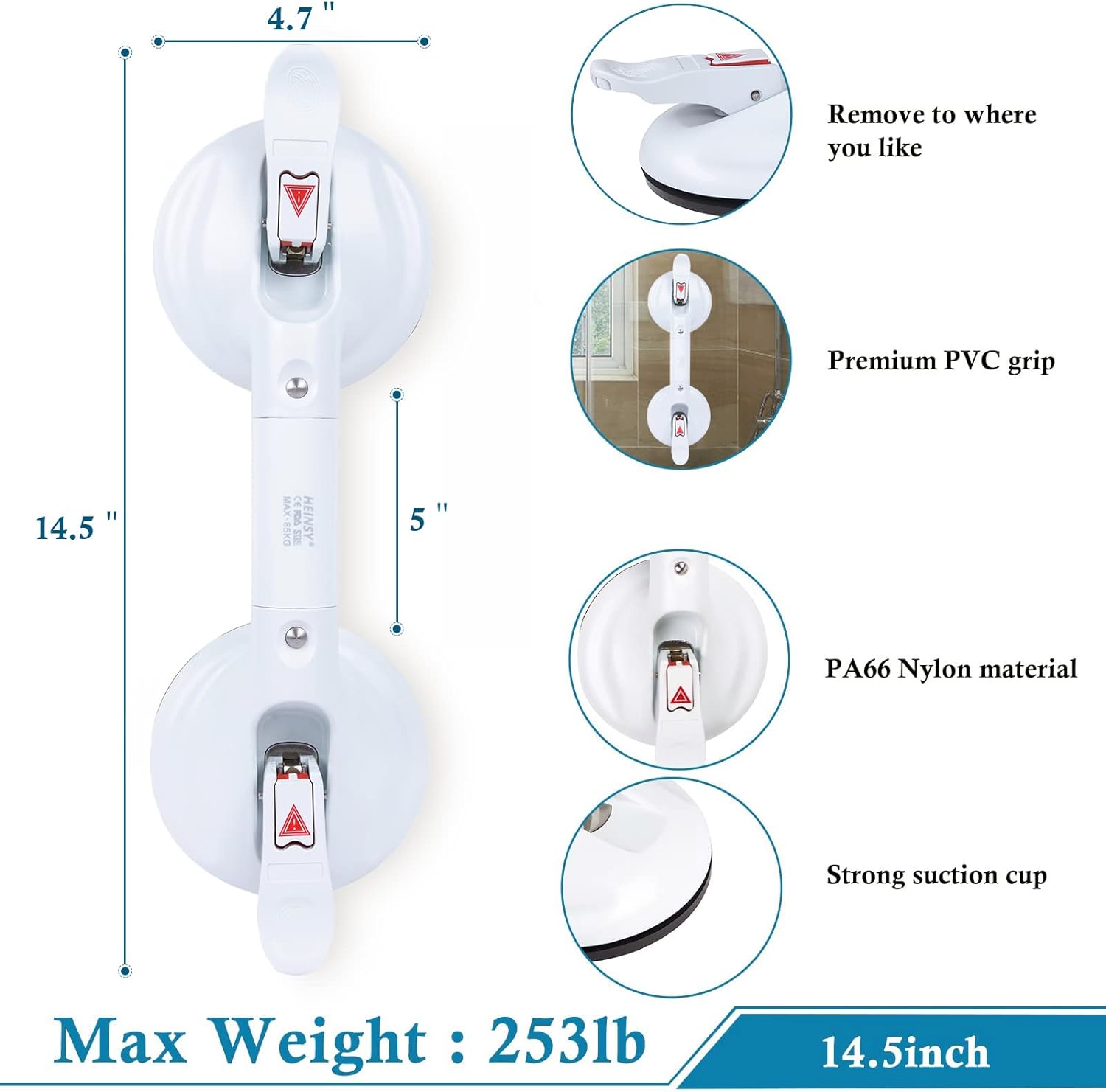 HEINSY Suction Grab Bar, Portable Shower Suction Handle Bar Suction Grip Bar Bathtub Handle with Strong Suction Cup Fitting and Rapid