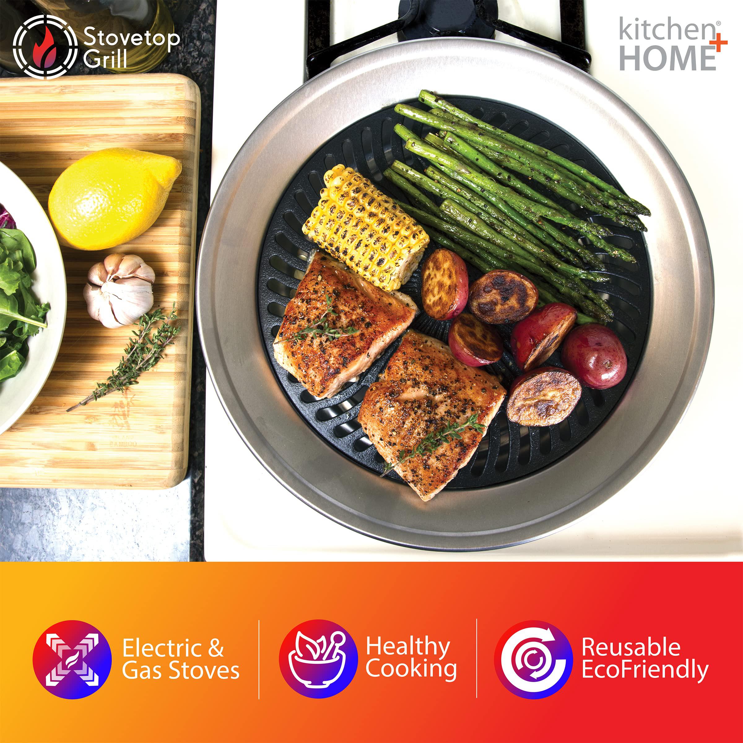 kitchen + home stove top smokeless grill indoor bbq, stainless steel with double coated non stick surface