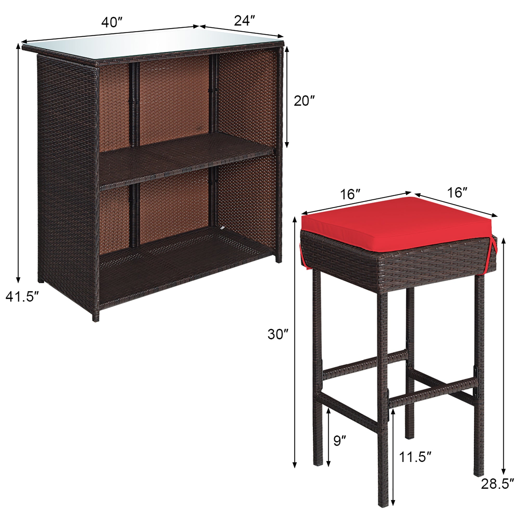 Costway 3PCS Patio Rattan Wicker Bar Table Stools Dining Set Cushioned Chairs Garden Red