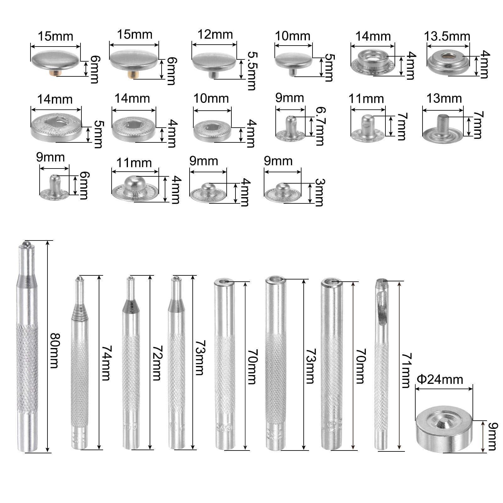 Unique Bargains 40 Sets Snap Fasteners Kit 4 Type Copper with 9 Setter Tools &a; Box, Silver Tone