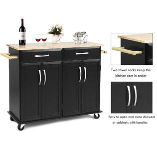 Gymax Kitchen Trolley Cart Rolling Utility Island Wood Top Storage Cabinet Home Black