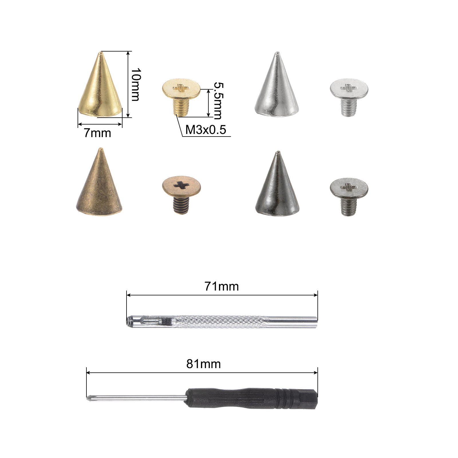 Unique Bargains 200 Sets Cone Spikes 10mm 4 Colors Alloy with 2pcs Install Tools &a; Storage Box