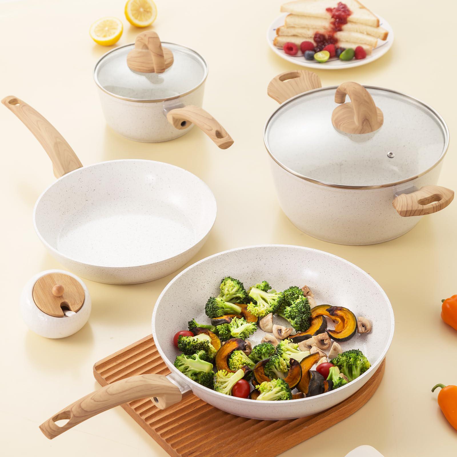vkoocy nonstick kitchen cookware set, pots and pans set healthy induction granite cooking set w/frying pans, saucepans, casse