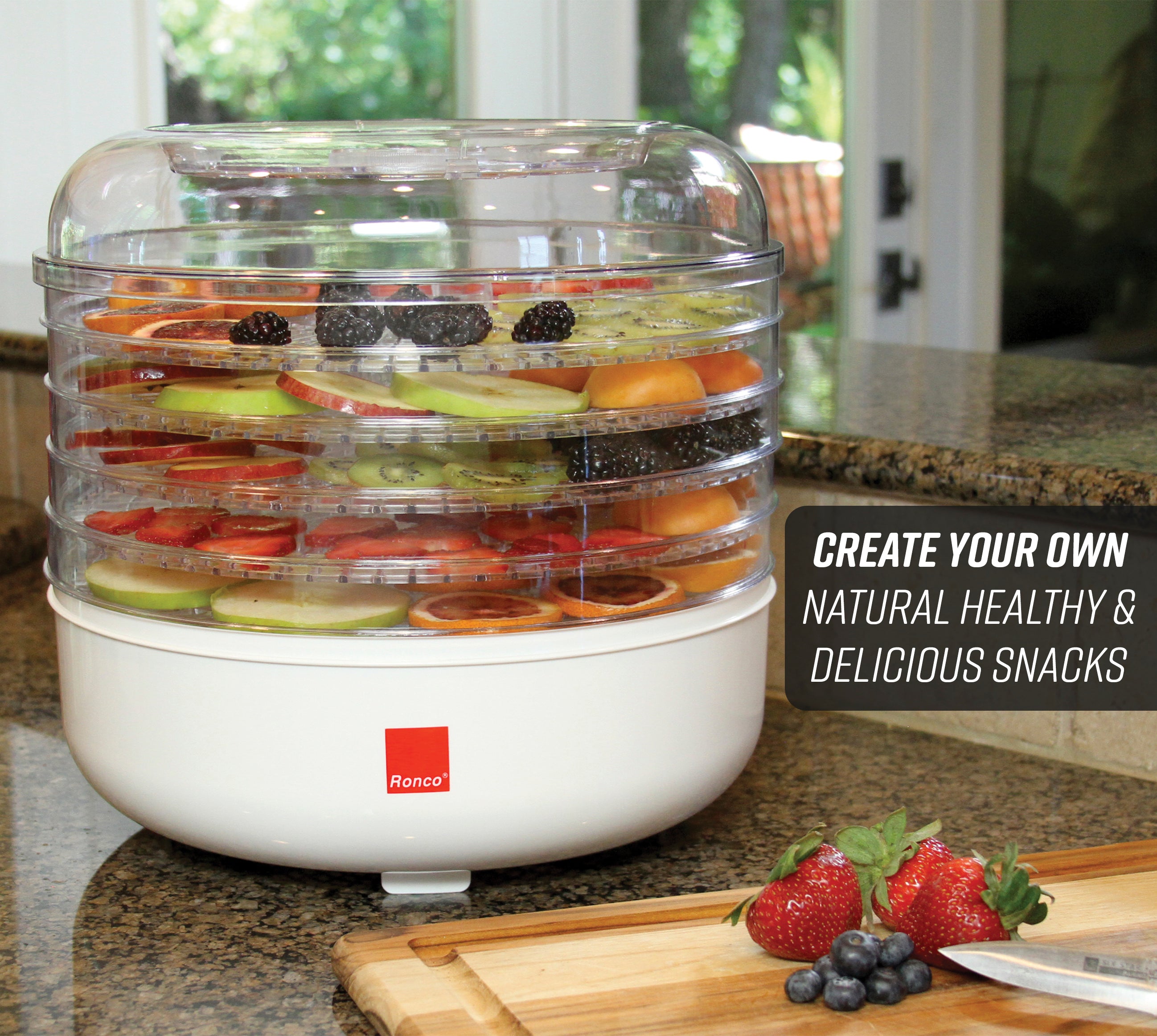 Ronco 5-Tray Dehydrator, Food Preserver, Quiet Dehydrating and Easy to Use, Dehydrate and Preserve Fruit, Vegetables, Meat, Her