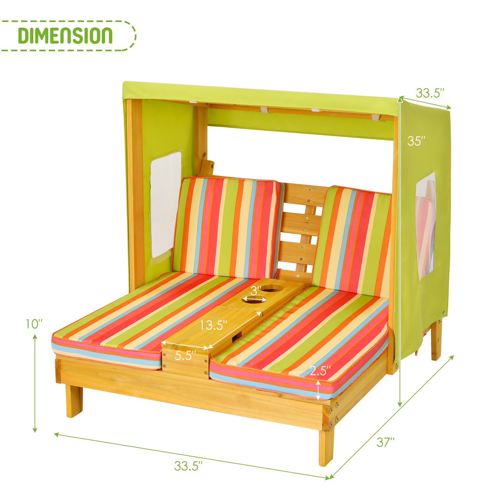 Topbuy Kids Patio Double Chaise Lounge Outdoor Wooden Recliner w/Canopy &a; Cup Holder
