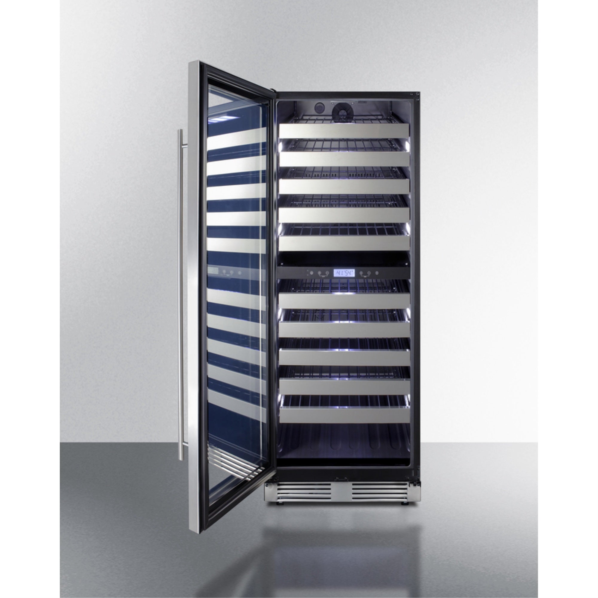 Summit Commercially approved dual zone wine cellar for built-in or freestanding use with seamless stainless steel door and full-exten
