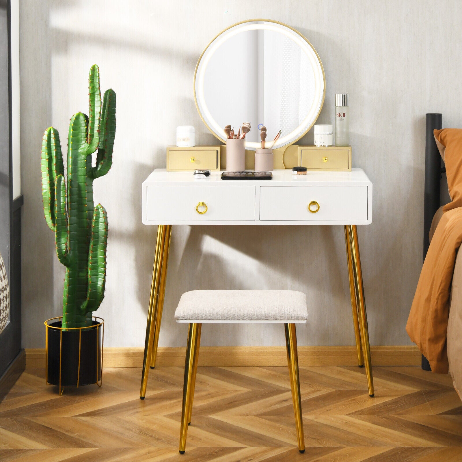 Great Choice Products Vanity Table Set With Mirror, Makeup Desk &a; Stool With 3-Color Adjustable White