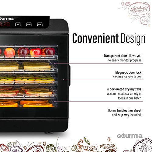 Gourmia GFD1680 Countertop Electric Food Dehydrator - 6 Drying Trays - Digital Countdown Timer - Preset Temperature Settings - R
