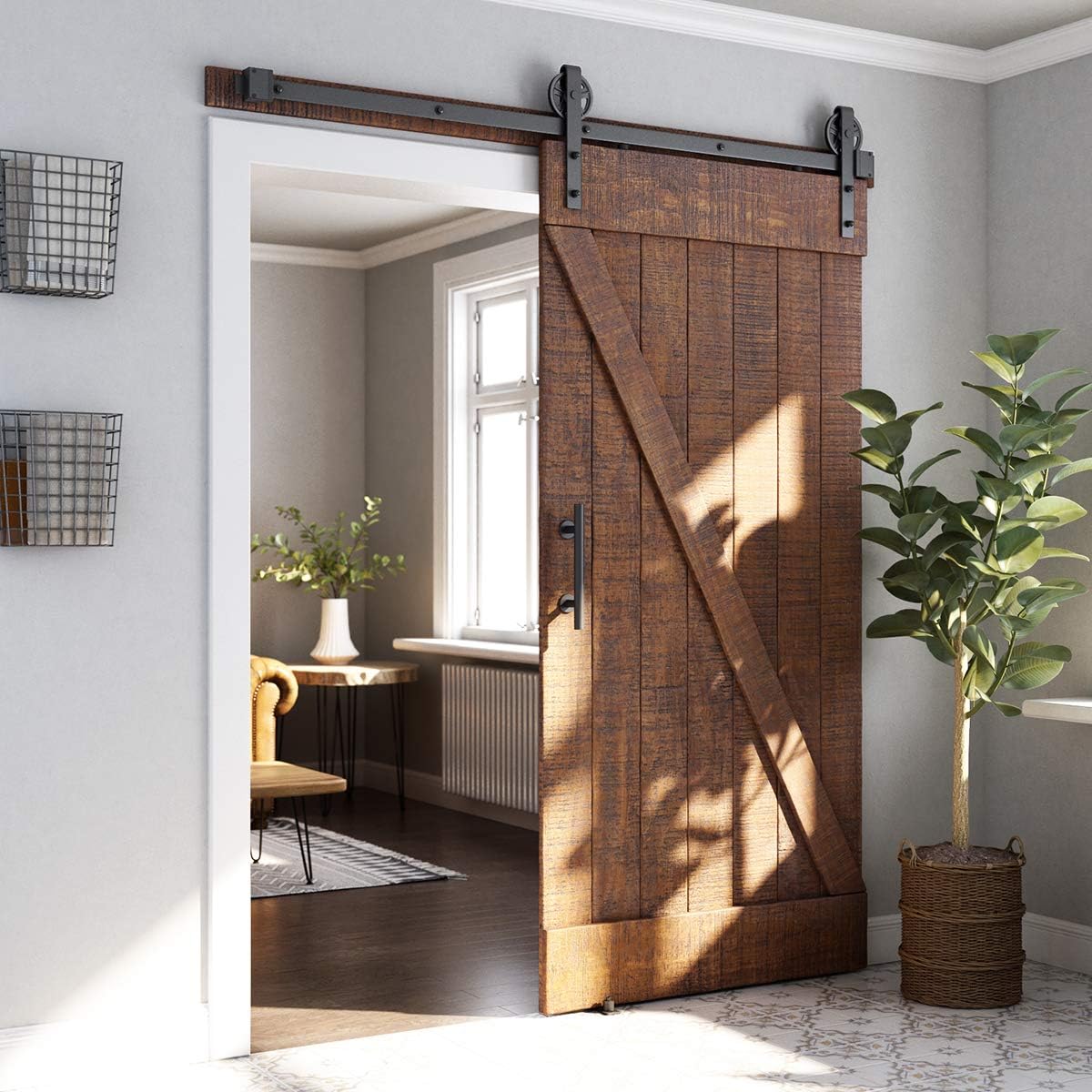 SMARTSTANDARD 6ft Heavy Duty Sliding Barn Door Hardware Kit, Black, (Whole Set Includes 1x Pull Handle Set