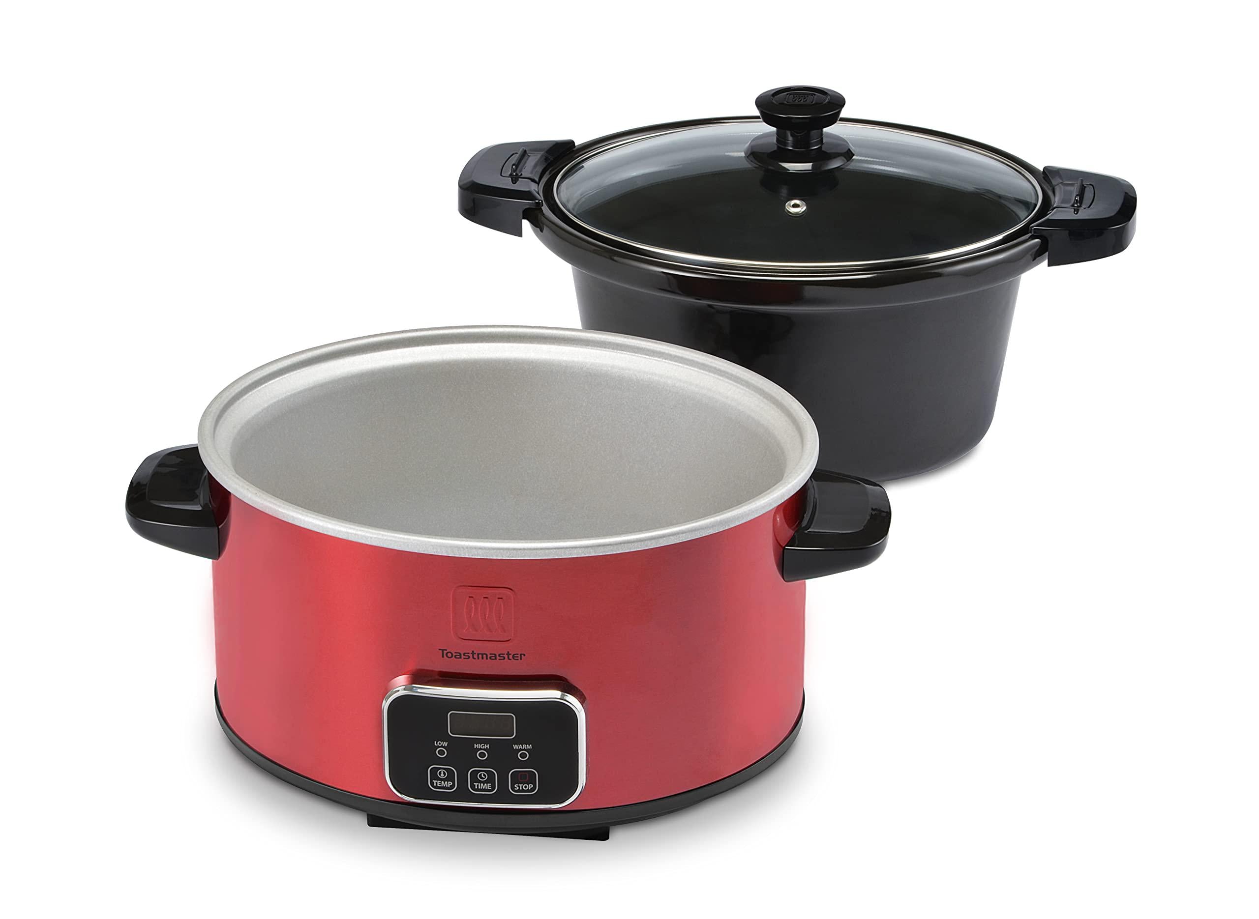 toastmaster 4-quart digital slow cooker with locking lid (red)