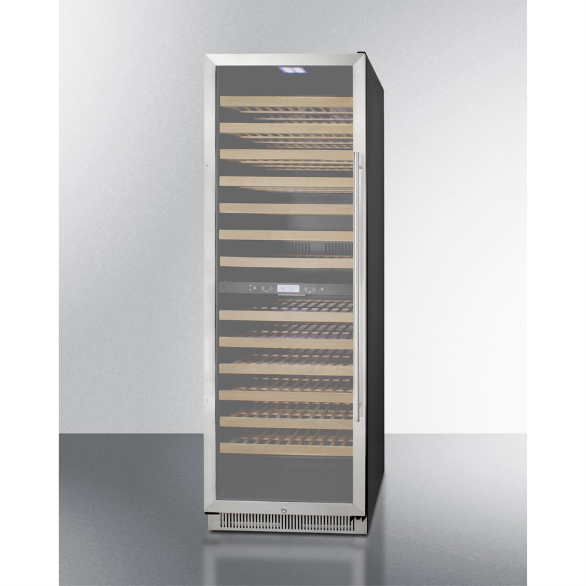 Summit Upright dual zone wine cellar with glass door, digital thermostat, and black cabinet