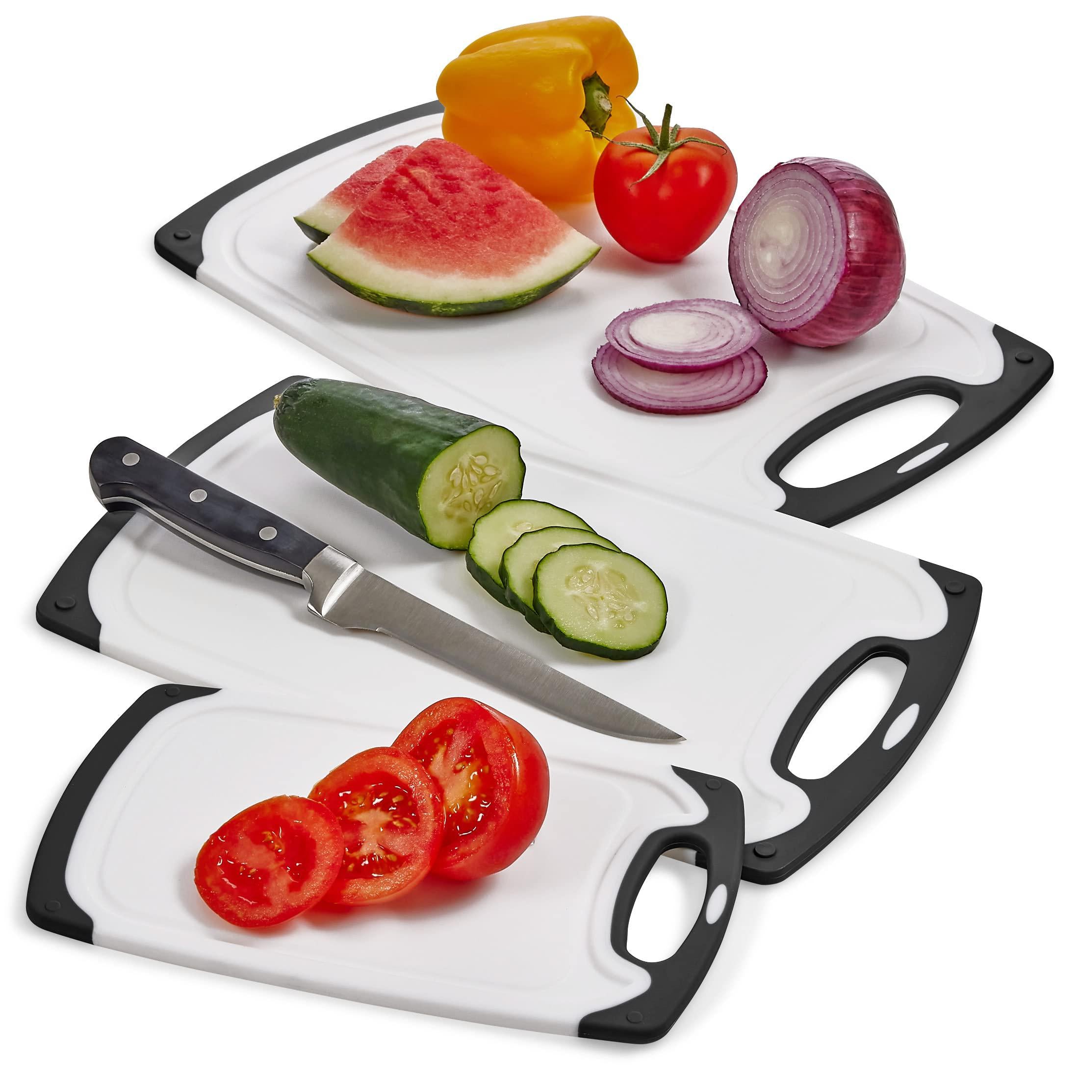 safuu plastic cutting boards for kitchen 3 pcs - 3 sizes, non-slip chopping board with juice groove &a; easy grip handles --- {