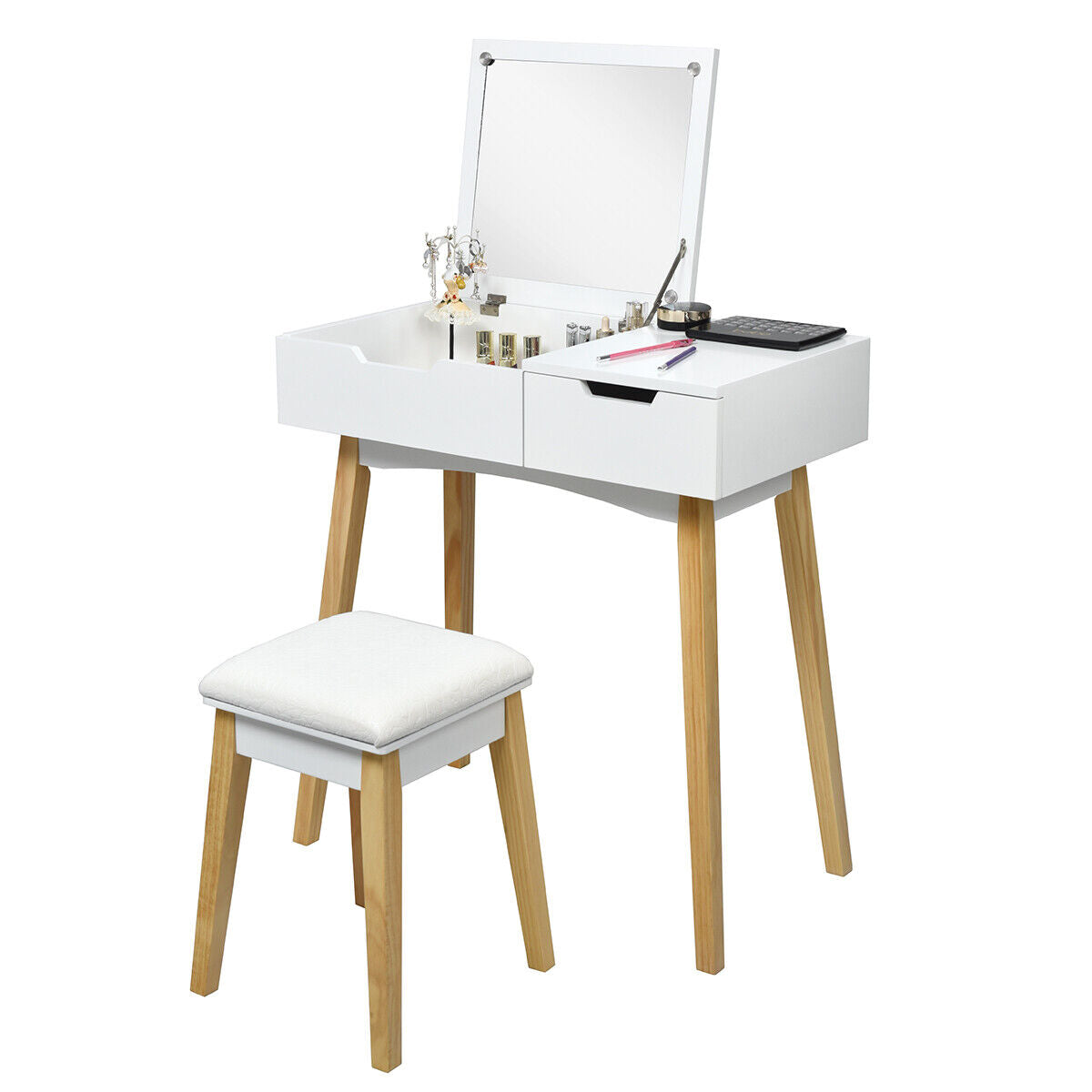 Great Choice Products Vanity Makeup Table Cushioned Stool Set W/Flip Top Mirror &a;1 Drawer Study Desk