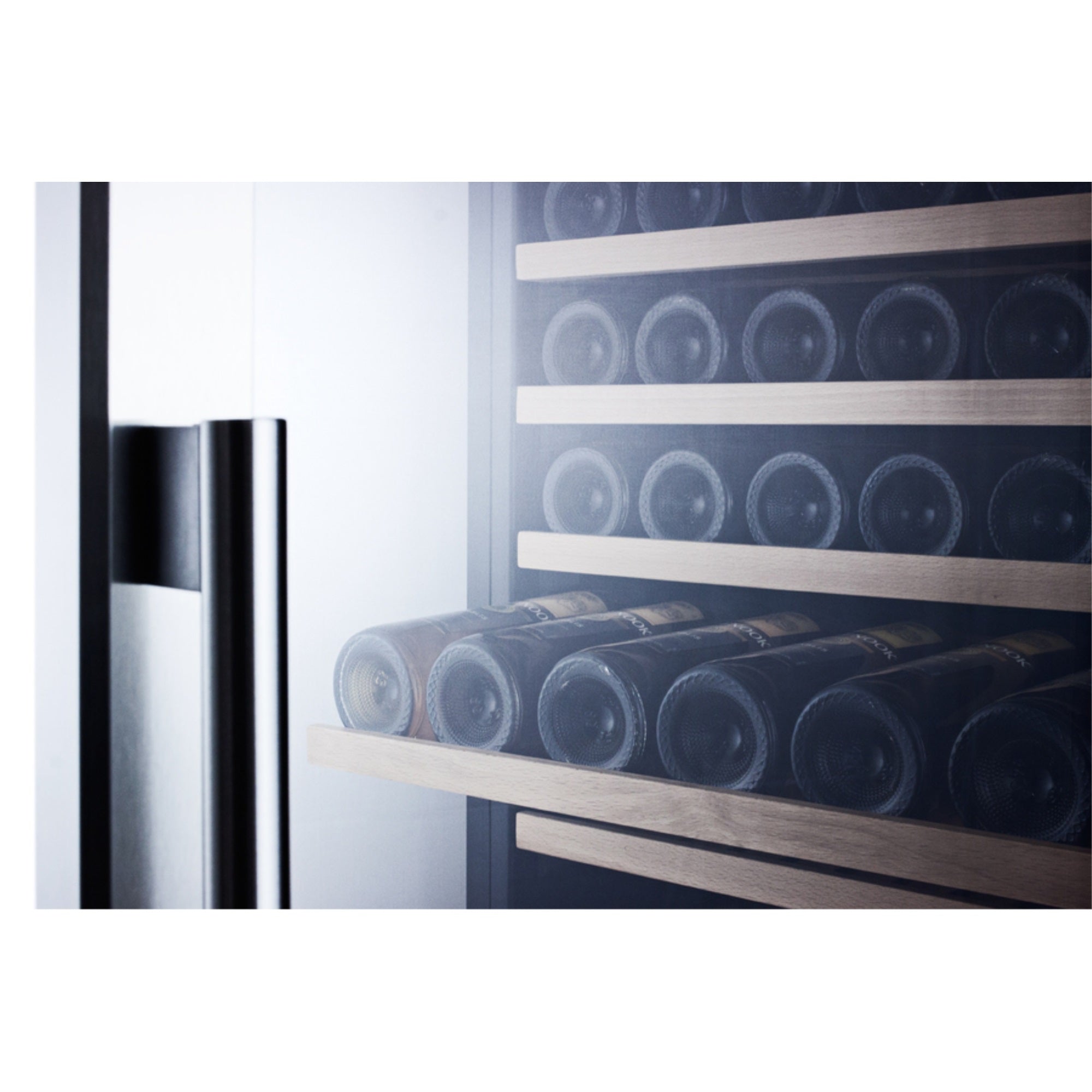 Summit 2-zone 160 bottle wine cellar with glass door, digital thermostat, and stainless steel wrapped cabinet